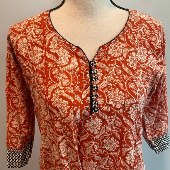 Saachi 3/4 Sleeve Burnt Orange Floral Indian Boho Dress Women’s size Large - Picture 3 of 9